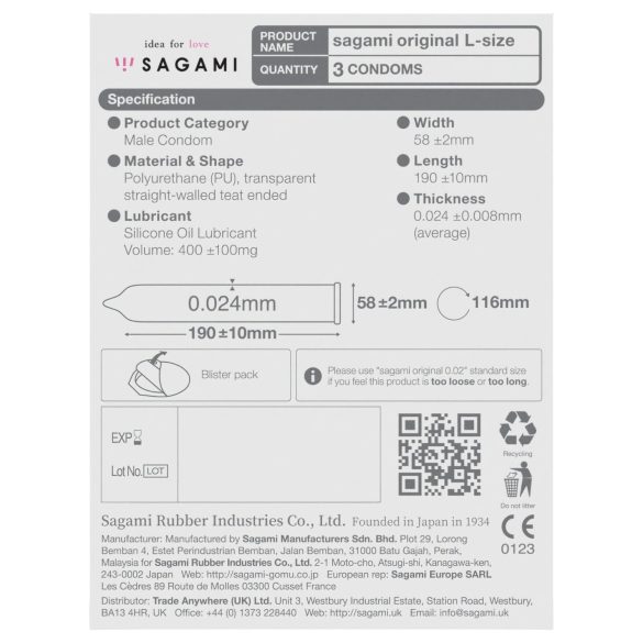 Sagami Original 0,02 L - prezervatyvai - 58mm - 3 vnt.