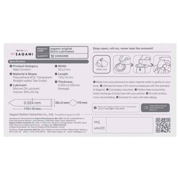 Sagami Original 0.02 - prezervatyvai - papildomai lubrikuoti - 55mm, 12 vnt