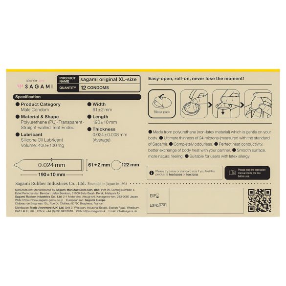 Sagami Original 0,02 XL - prezervatyvai - XL dydis - 61 mm - 12 vnt