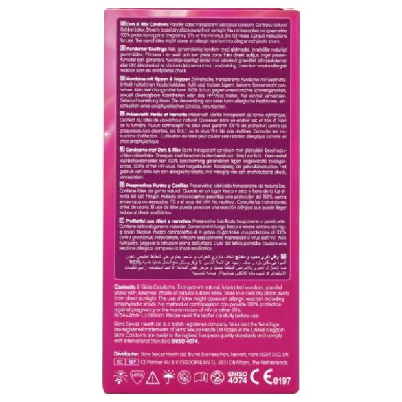 Skins - Rantuotas ir taškuotas prezervatyvas (8 vnt)