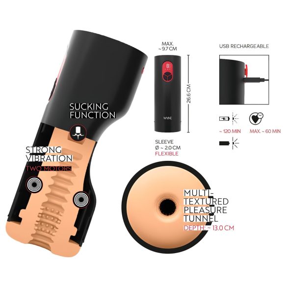WYNE 07 - masturbatorius vyrams - vibruojantis siurblys - juodas, įkraunamas