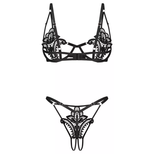 Obsessive Luise - 2 dalių apatinio trikotažo rinkinys su tulpėmis (juodas) - L/XL