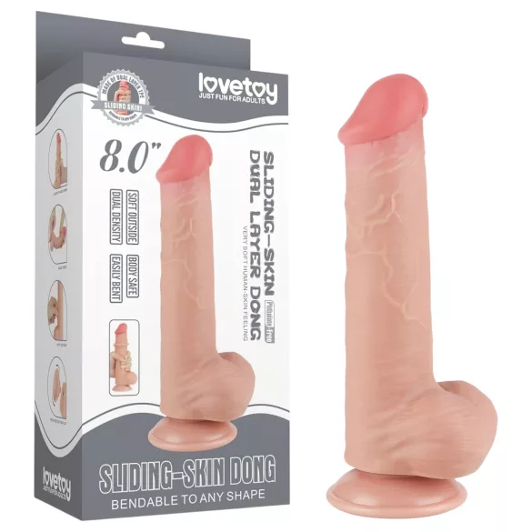 Lovetoy Sliding-Skin - dvigubas dildo su sėklidėmis - 20,8 cm natūralus