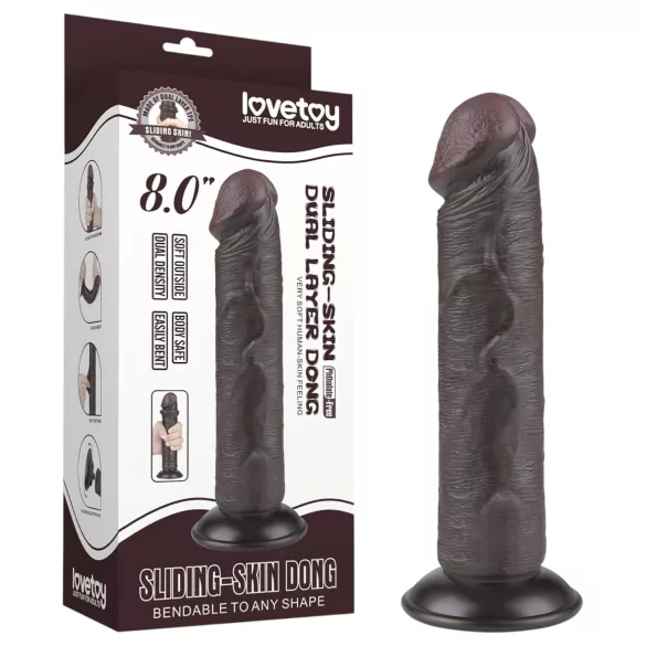 Lovetoy Sliding-Skin - dvigubas dildas su siurbtuku - 20 cm - rudas