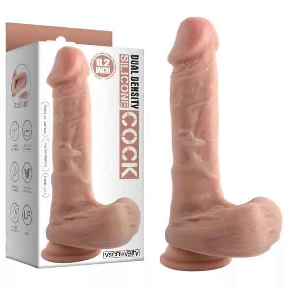 Dual Density - tikroviškas dildo su sėklidėmis ir siurbtuku - 20 cm (šviesus / natūralios spalvos)