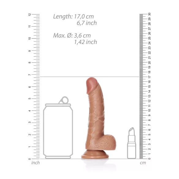 RealRock - dildo su sėklidėmis ir siurbtuku - 15,5 cm - tamsi natūrali spalva