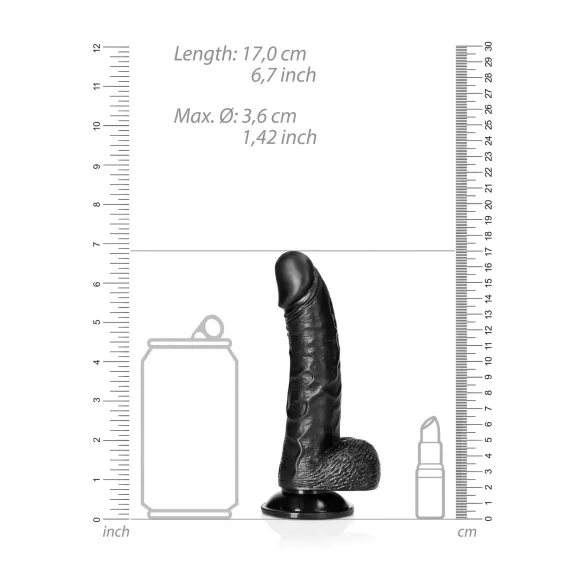 RealRock - dildo su sėklidėmis ir čiulpuku - 15,5 cm (juodas)