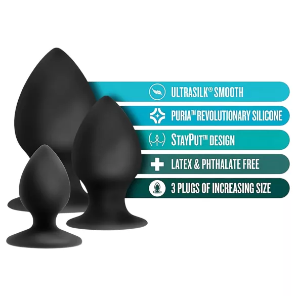 Anal Adventures Platinum Stout - analinių kaiščių rinkinys - 3 vnt - juodi