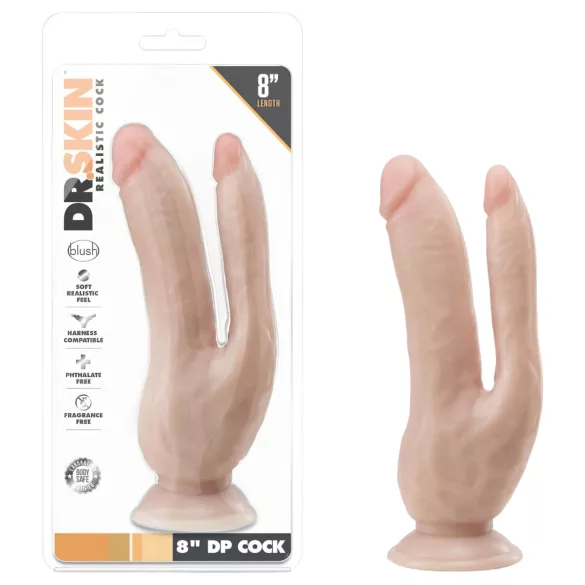 Dr. Skin 8 - dvigubas dildo su siurbtuku - kūno spalvos