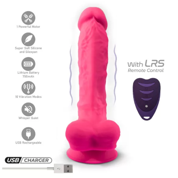 Silexd - vibruojantis dildo su siurbtuku ir sėklidėmis - rožinis - su pultu