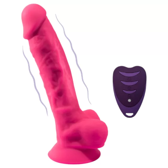 Silexd - vibruojantis dildo su siurbtuku ir sėklidėmis - rožinis - su pultu