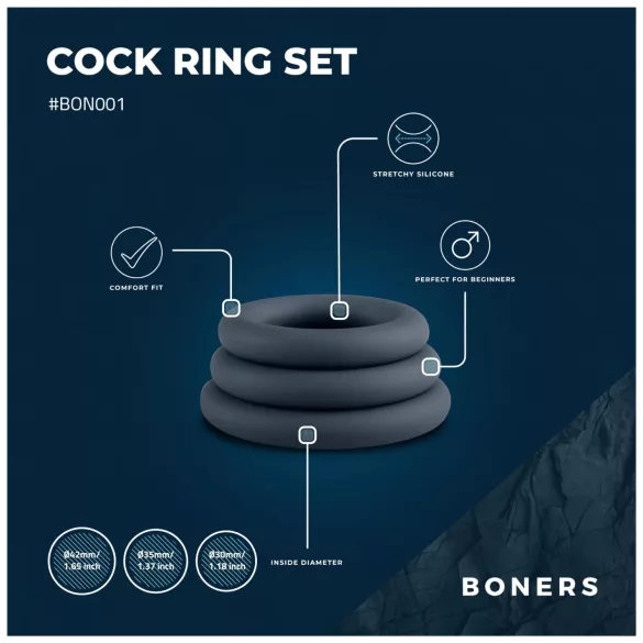 Boners - penio žiedų rinkinys - 3 vnt - pilka