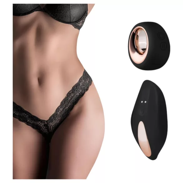 Pantyrebel - juodos spalvos, akumuliatorinė, radijo bangomis valdoma nėrinių kelnaitės‑tanga vibratorius (S-L)