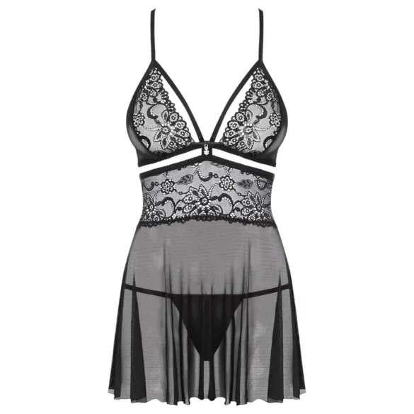 Obsessive 838-BAB-1 - permatomas nėriniuotas babydoll rinkinys - juodas - 2XL/3XL