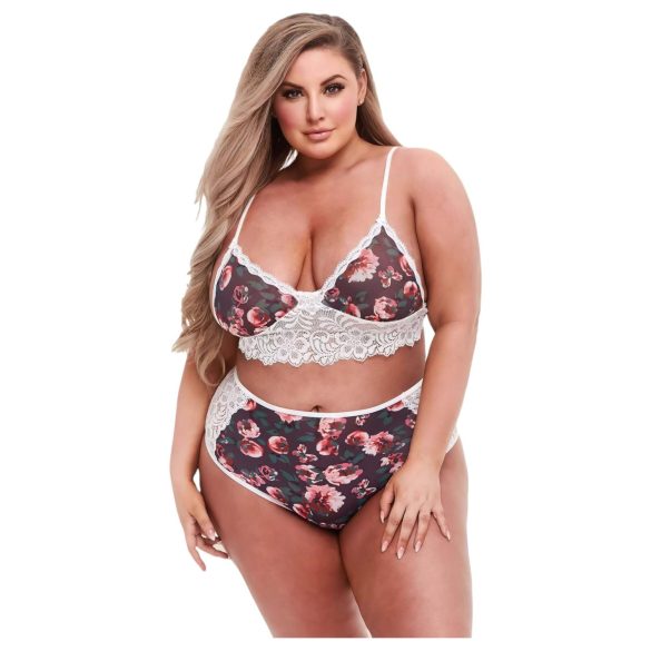 Baci Plus Size - nėriniuota liemenėlės ir kelnaičių rinkinys - gėlėtas