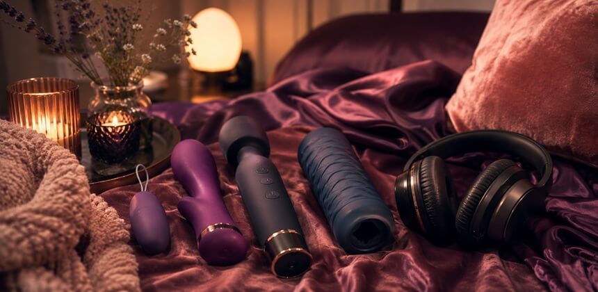 Tylūs žaislai ir ausinės ant violetinio satino kuria intymią ASMR sekso nuotaiką | Sekso prekių parduotuvė Lietuvoje Desirel.lt